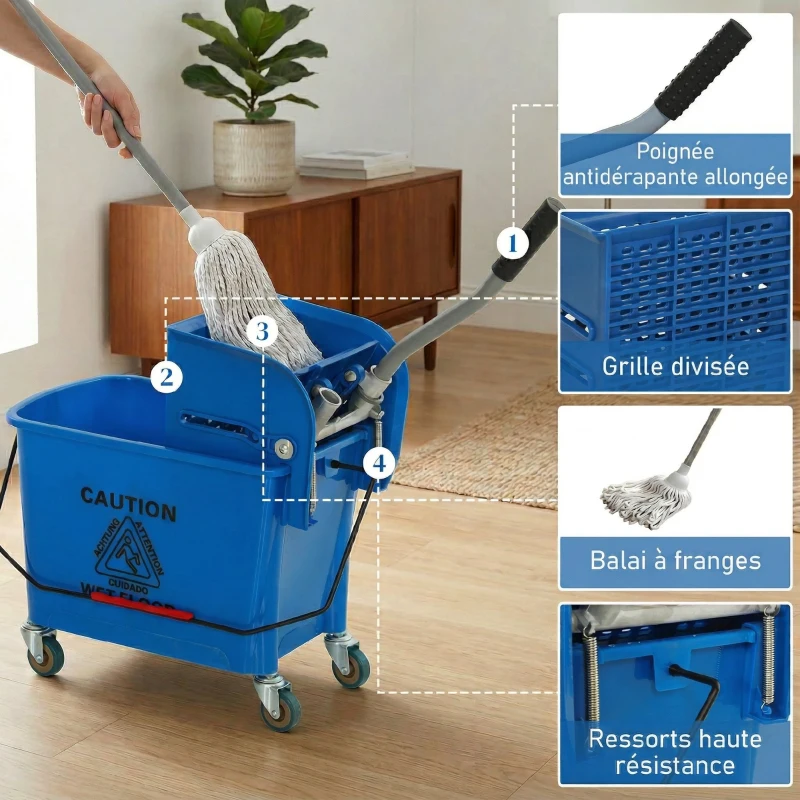 HOMCOM Chariot de ménage chariot de lavage essoreuse latérale seau 20 L, poignée et serpillère, 45 x 26,5 x 70 cm, bleu