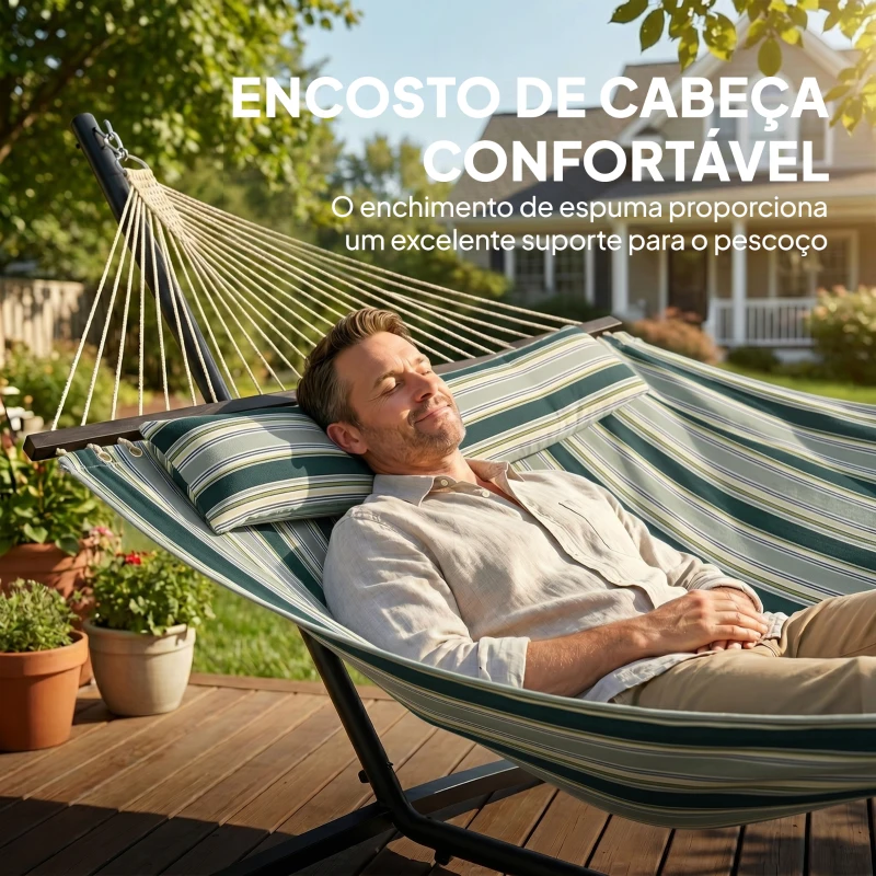 Outsunny Cama Rede com Suporte Rede de Jardim Portátil com Almofada Removível Barras Estabilizadoras 353x94x115 cm Verde