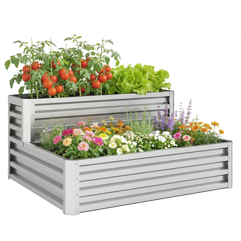 Outsunny Jardinera Exterior de Acero Galvanizado con Diseño de Escalera Base Abierta para Cultivos Plantas 120x101x58 cm Plata
