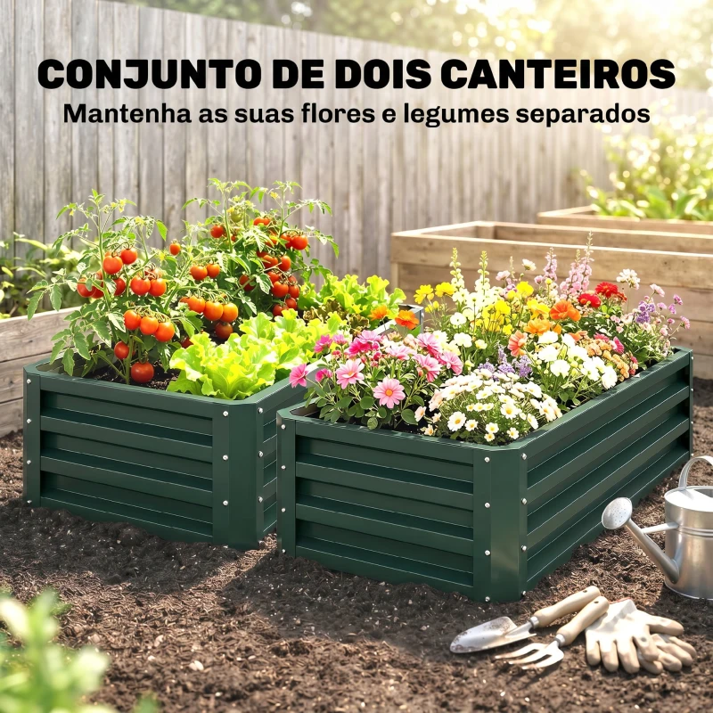 Outsunny Conjunto de 2 Floreiras Grandes para Exterior em Aço Galvanizado Hortas para Terraço Jardim 110x50x30 cm Verde