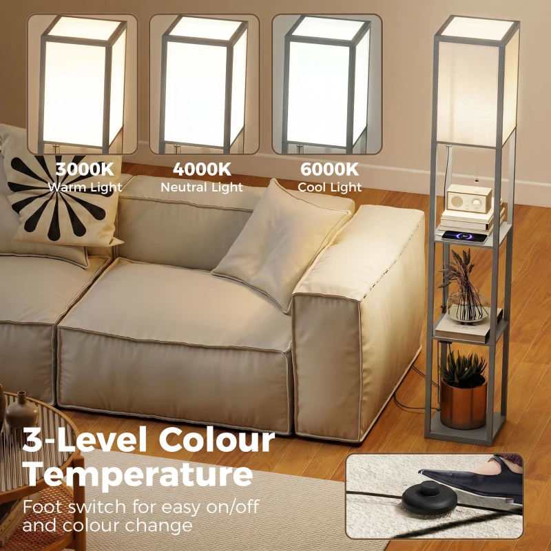 HOMCOM Floor Lamp with Shelves, 3 Layer Column Modern Standing Lamp for Living Room, Bedroom, Office, Grey