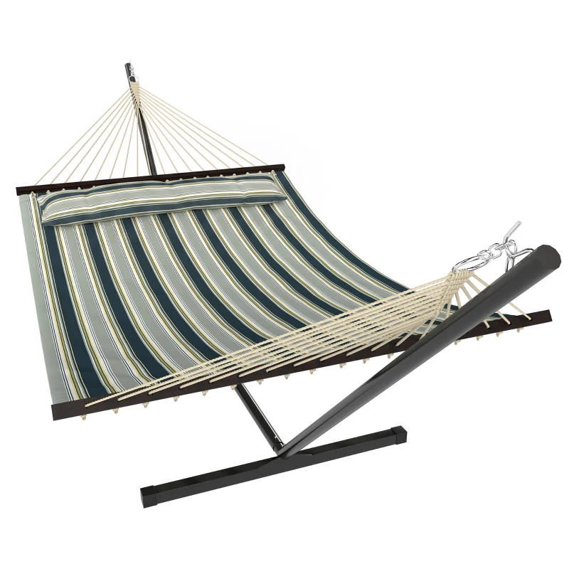 Outsunny Outdoor Hammock with Stand Detachable Pillow Striped Swing Steel Frame, for Garden, Patio, Green