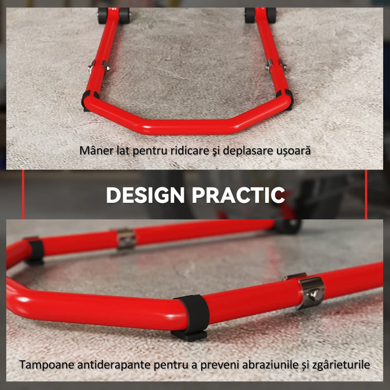 HOMCOM Stand pentru Motocicletă, Față și Spate, Capacitate 390 kg, Furci în U și L, Roți și Suporturi Antiderapante, Roșu