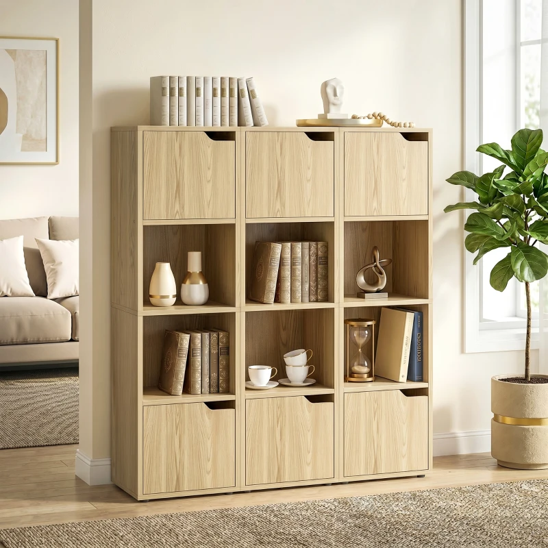 HOMCOM Narrow Bookcase, 4-Tier Bookshelf, Storage Cabinet with doors for Living Room, Bedroom, Oak