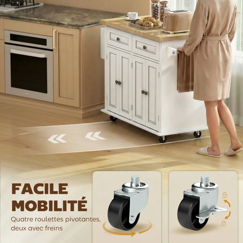 HOMCOM Desserte ilôt de cuisine multi rangements 2 tiroirs 2 placard 2 portes avec étagère range-bouteille porte-torchons et étagère réglable MDF blanc hévéa