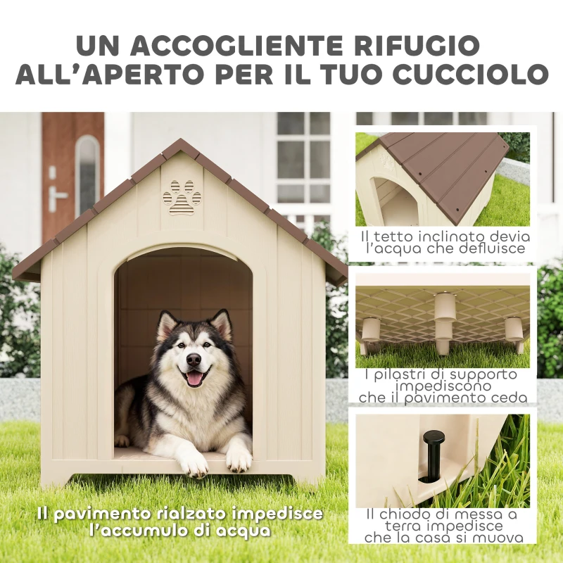 PawHut Cuccia per Cani Rialzata con Tetto Inclinato e Prese d'Aria, in PP, 102x94x103 cm, Beige e Marrone Scuro