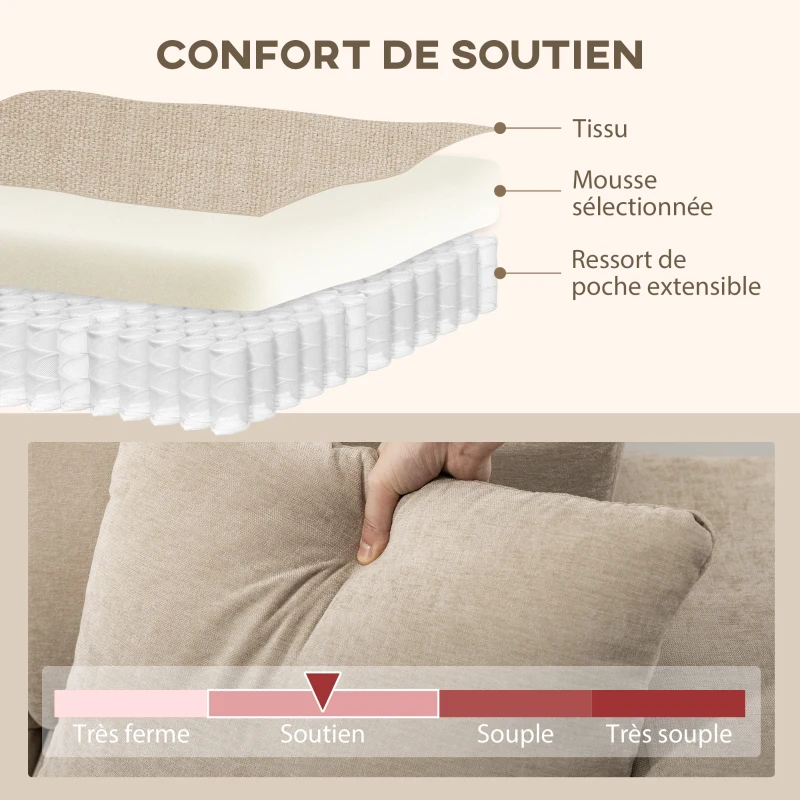 HOMCOM Canapé d'angle réversible, canapé 3 places avec méridienne, 2 oreillers, cadre en acier, 242x156x87cm, beige(m-6)