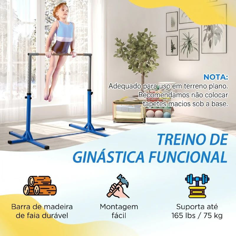 HOMCOM Barra de Ginástica para Crianças com Altura Ajustável 92-150 cm Barra Horizontal de Ginástica 194x121x150 cm Azul