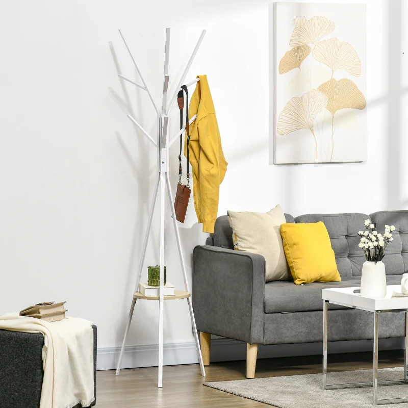 HOMCOM Porte-manteau trépied design contemporain branches étagère + 9 patères dim. 45L x 45l x 180H cm métal blanc