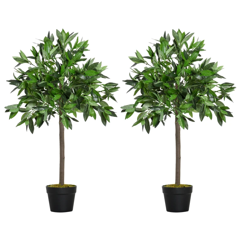 Outsunny Lauriers artificiels 0,90H m - Lot de 2 lauriers Boules artificiels - 564 Feuilles réalistes par Pied - Pot Inclus Noir Vert