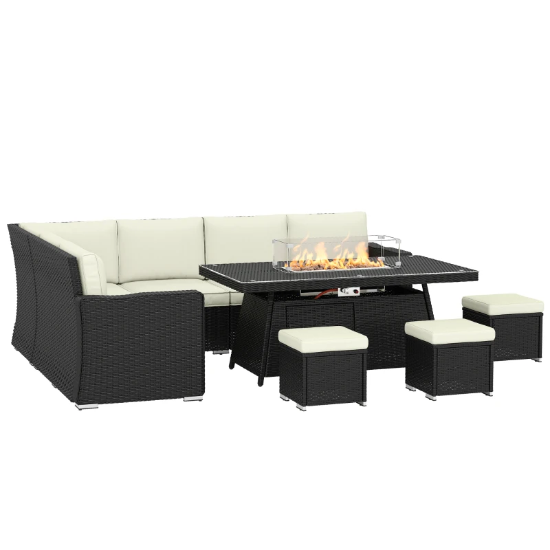 Outsunny 7 Pieces PE Rattan Garden Furniture Set, 50,000 BTU Gas Fire Pit Table, Double Corner Sofa and 3 Footstools