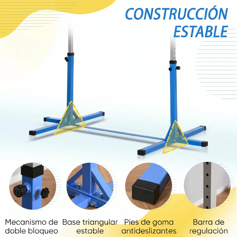 HOMCOM Barra de Gimnasia para Niños de +3 Años Barra de Entrenamiento Altura Ajustable 92-150 cm Carga 75 kg 194x121x150cm Azul