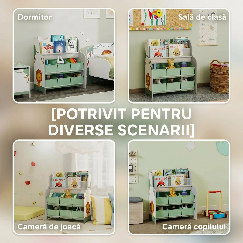 AIYAPLAY Raft pentru Jucării cu 6 Sertare din Material Textil și Bibliotecă cu 2 Nivele, din Lemn și Oțel, 63x30x71 cm, Verde
