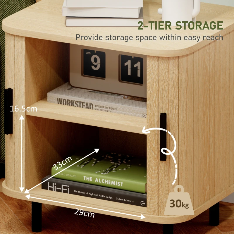HOMCOM Nightstand with Sliding Doors and Metal Legs Oak Tone