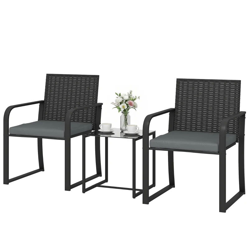 Outsunny Conjunto de Muebles de Jardín de Ratán Sintético con 2 Sillas con Cojines y Mesa con Tablero de Vidrio Gris
