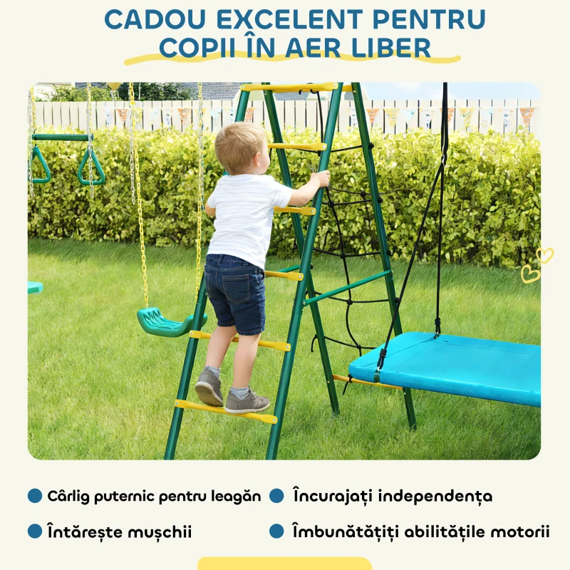 AIYAPLAY Cadru 5-în-1 pentru leagăn cu leagăn-tip-cuib reglabil, inele de gimnastică, scaun dublu, cadru de cățărare pentru 3-8 ani 440x175x203 cm
