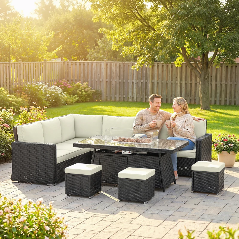 Outsunny 7 Pieces PE Rattan Garden Furniture Set, 50,000 BTU Gas Fire Pit Table, Double Corner Sofa and 3 Footstools