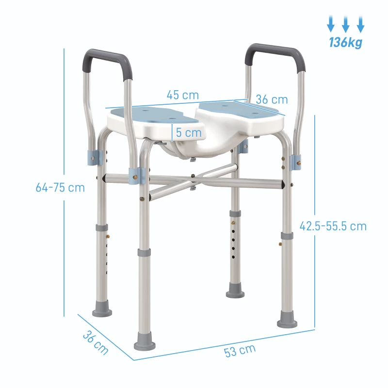HOMCOM Scaun pentru duș cu șezut canelat și mânere, înălțime reglabilă și picioare anti-alunecare, albastru