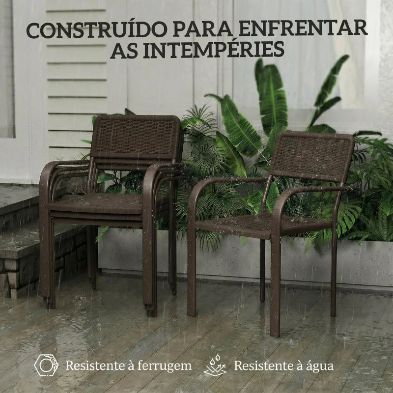 Outsunny Conjunto de 4 Cadeiras de Jardim Exterior Empilháveis com Apoios de Braços Encosto e Estrutura de Aço 55x60x83 cm Castanho Escuro