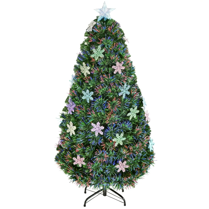 HOMCOM Albero di Natale Artificiale 150cm con Fibre Ottiche e 21 Luci LED, Decorazioni a Forma di Fiocco di Neve, Verde