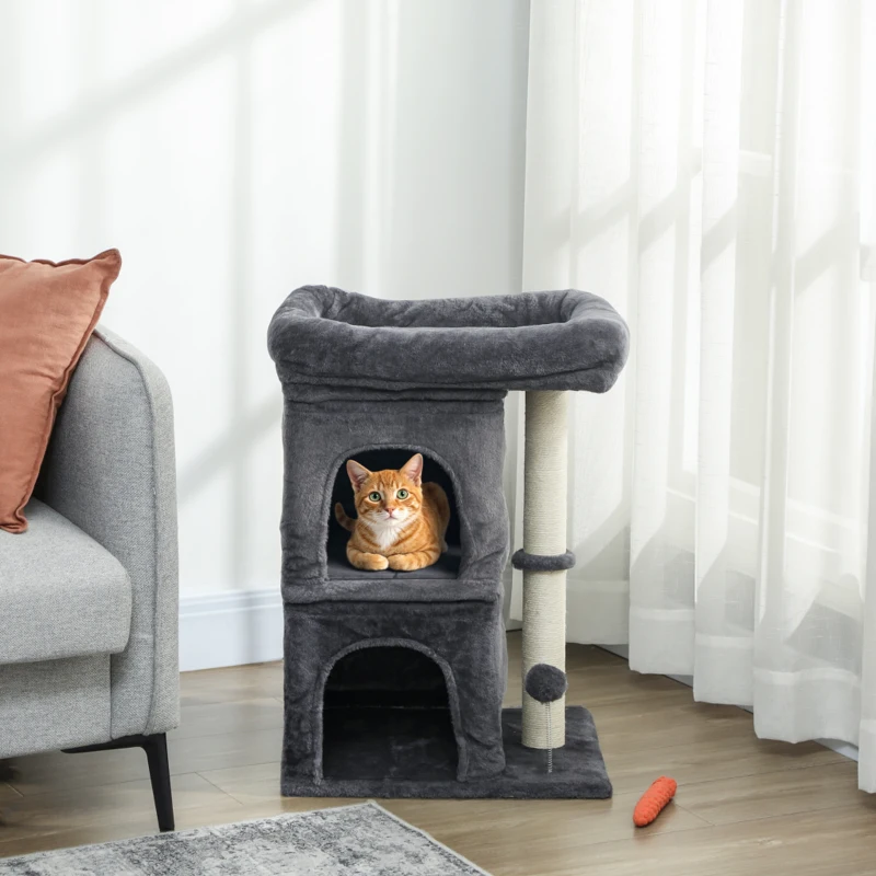 PawHut Arbre à chat, tour de jeux pour chat, plateforme, 2 niches et balle griffoirs en sisal, 45 x 40 x 66 cm, gris foncé