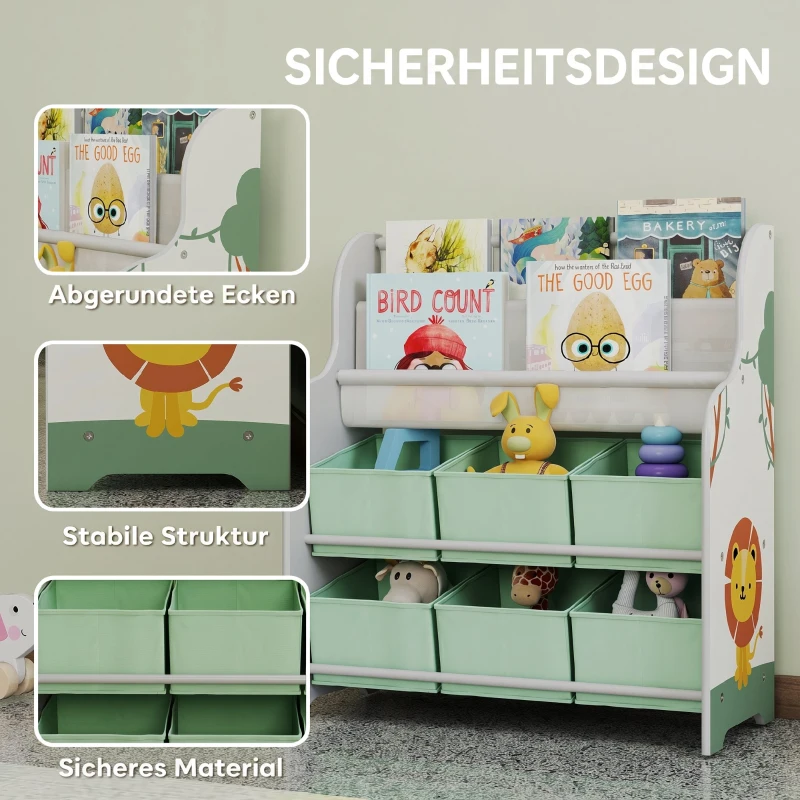 AIYAPLAY Raft pentru Jucării cu 6 Sertare din Material Textil și Bibliotecă cu 2 Nivele, din Lemn și Oțel, 63x30x71 cm, Verde