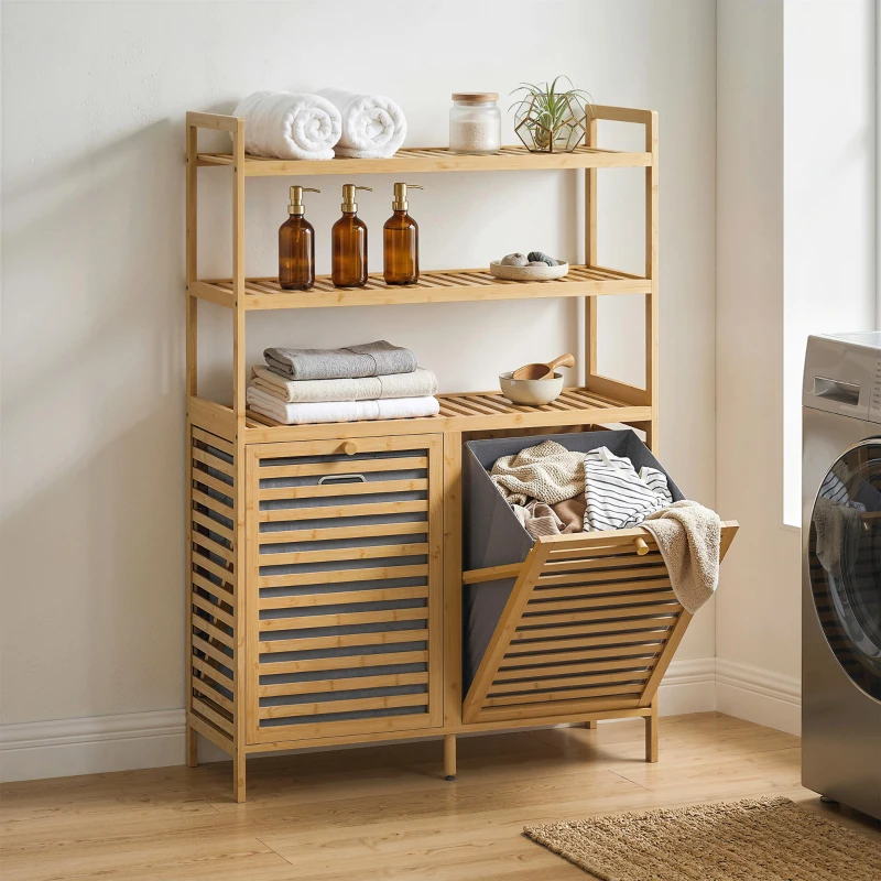 HOMCOM Meuble de salle de bain avec panier à linge en bambou avec 2 paniers amovibles et étagères à 3 niveaux, chêne