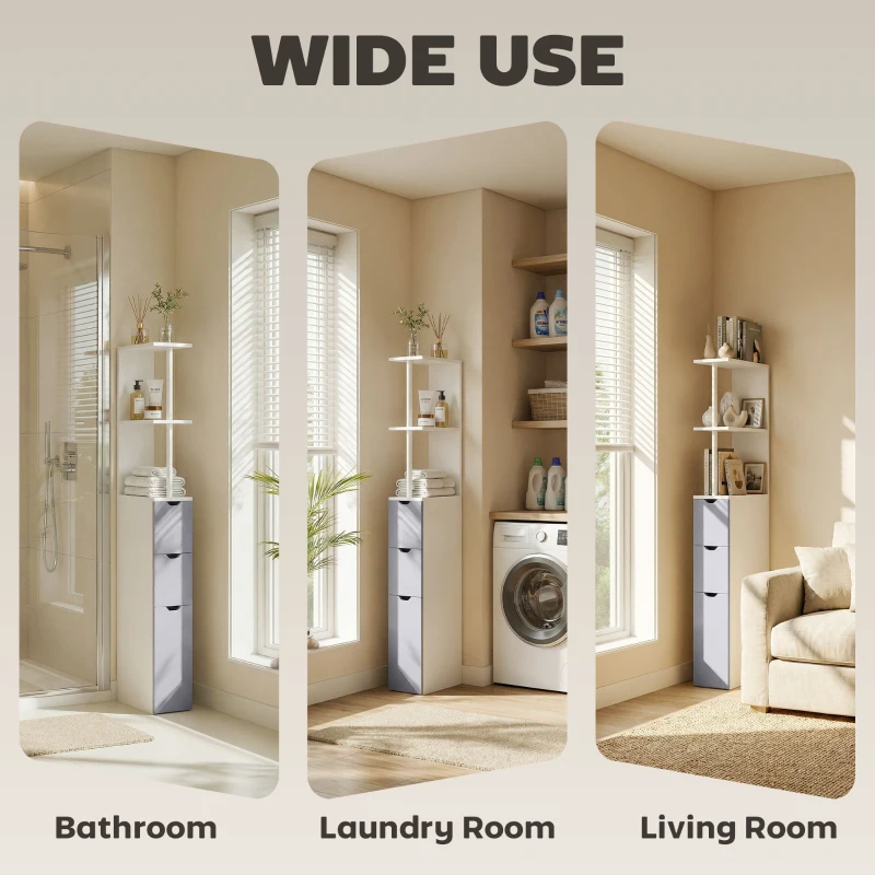 HOMCOM Tall Bathroom Cabinet, Freestanding Slim Bathroom Storage Cabinet with 2-Tier Open Shelf and 2 Drawers for Small Space, Narrow Cupboard Storage Unit, White and Grey