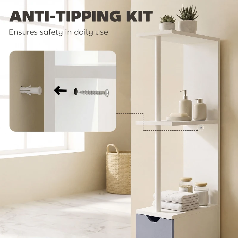 HOMCOM Tall Bathroom Cabinet, Freestanding Slim Bathroom Storage Cabinet with 2-Tier Open Shelf and 2 Drawers for Small Space, Narrow Cupboard Storage Unit, White and Grey