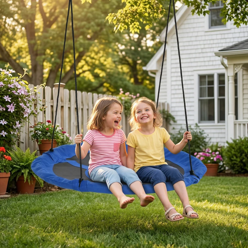 Outsunny Balançoire nid d'oiseau Ronde balançoire Panier Ø 110 cm 4 Anneaux Inclus métal époxy Oxford Haute densité Bleu