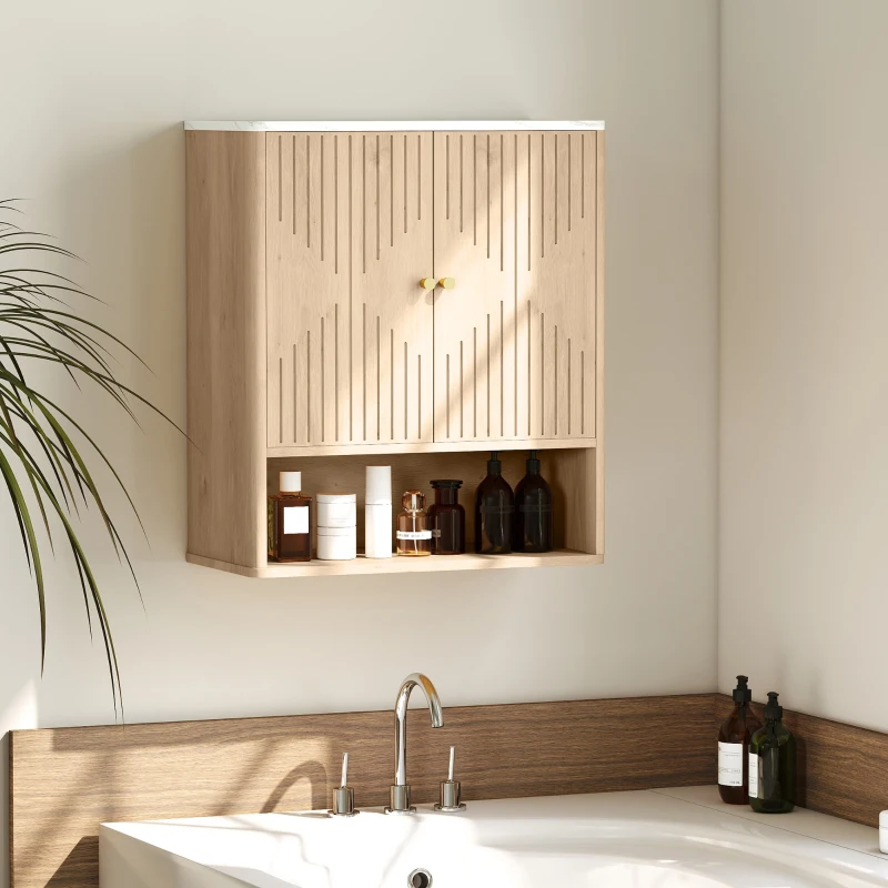 HOMCOM Armoire murale de salle de bain, meuble de rangement avec compartiment ouvert et étagère réglable, 60 x 18 x 70 cm chêne