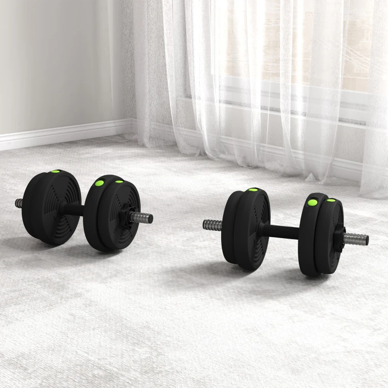 SPORTNOW Haltères 2 en 1 réglables, haltères libres avec poignées antidérapantes, 15 kg - barres incluses noir et vert