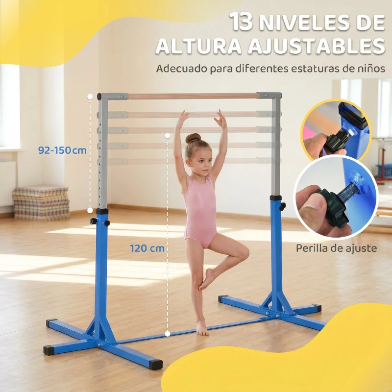 HOMCOM Barra de Gimnasia para Niños de +3 Años Barra de Entrenamiento Altura Ajustable 92-150 cm Carga 75 kg 194x121x150cm Azul