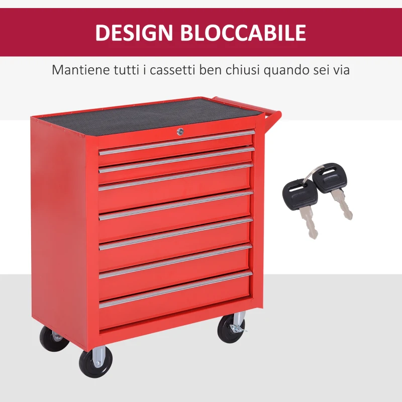 DURHAND Carrello Porta Attrezzi con 7 Cassetti, Tappetini in EVA, Serratura e 2 Chiavi, Ruote con Freno, Maniglia, Rosso