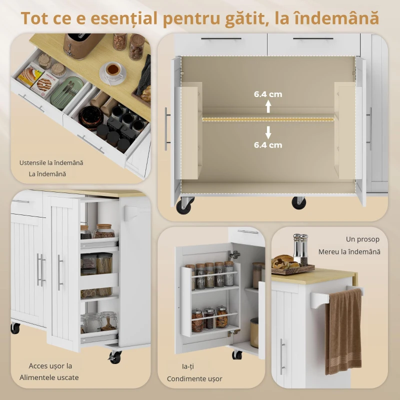 HOMCOM Insula de Bucătărie cu 5 Roți și Suport pentru Prosoape, 2 Sertare, 4 Rafturi și Dulap, din Lemn, 129x65x91 cm