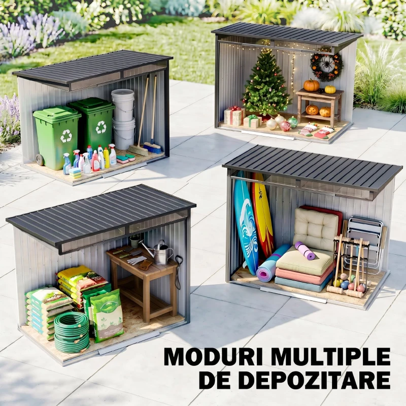 Outsunny Căsuță de Grădină pentru Unelte cu 4 Ferestre și 2 Cârlige, din Oțel Zincat, 195x122x181.5 cm, Gri