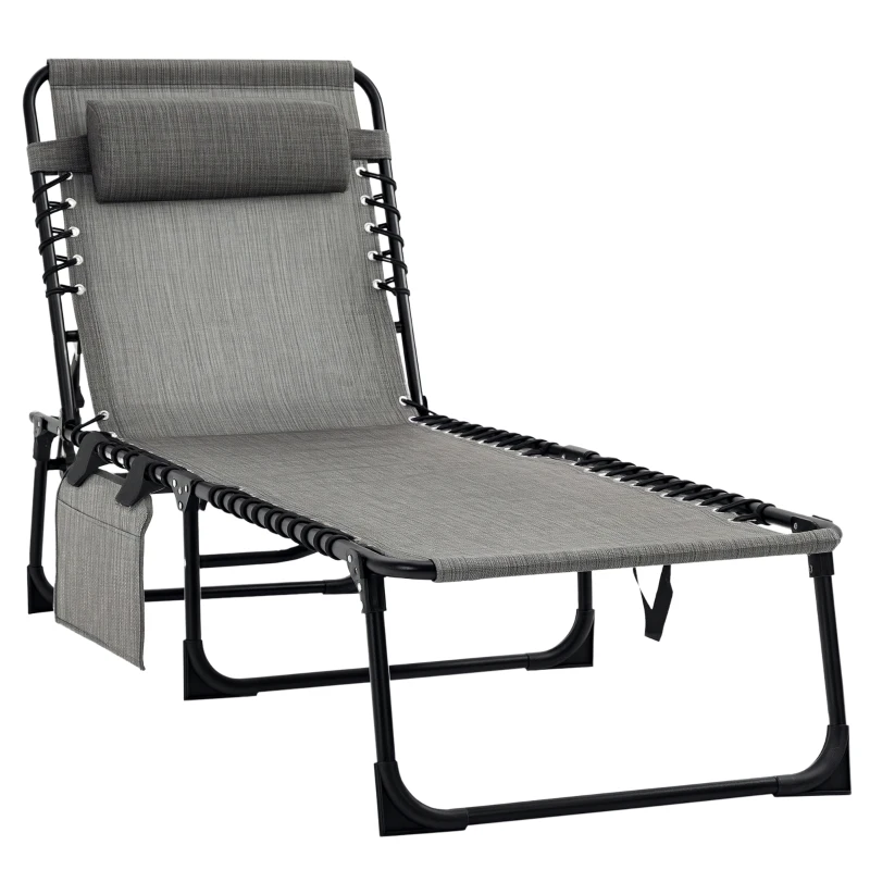 Outsunny Portable Sun Lounger, Folding Camping Bed Cot, Reclining Lounge Chair 5-position Adjustable Backrest with Side Pocket, Pillow for Patio Garden Beach Pool, Mixed Grey