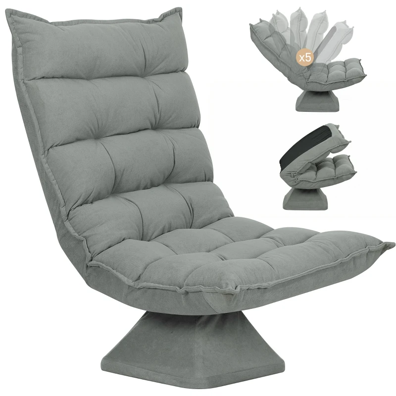 HOMCOM Poltrona Relax Girevole 360° con Schienale Regolabile in 5 Posizioni in Tessuto Effetto Velluto, Grigio Chiaro