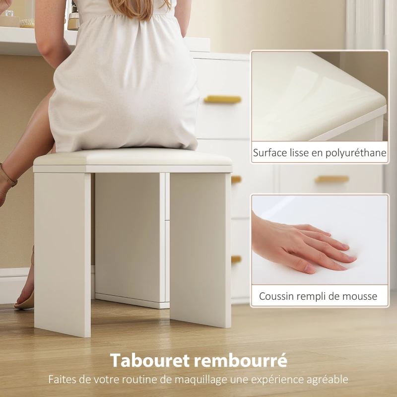 HOMCOM Coiffeuse avec miroir et tabouret, table de maquillage avec éclairage LED réglable, 6 tiroirs, 118 x 78 x 135 cm, blanc