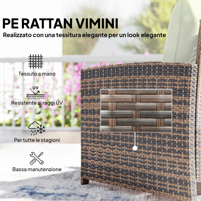 Outsunny Set da Esterno in Rattan e Acciaio 5pz con 2 Pouf, 2 Sedie e Tavolino da Caffè a 2 Livelli, Marrone e Crema