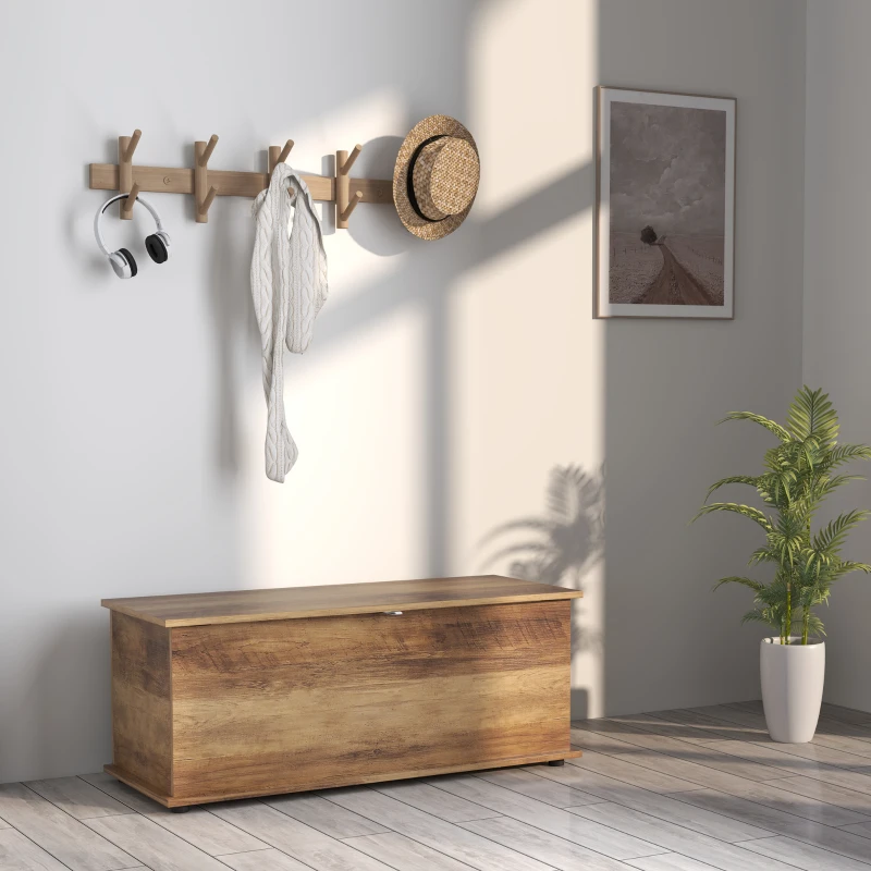 HOMCOM Coffre de rangement, banc de rangement avec couvercle rabattable et charnières de sécurité, 100 x 40 x 40 cm, marron