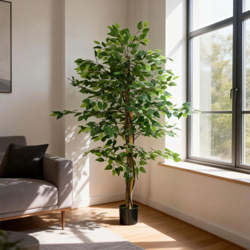 HOMCOM Plante artificielle ficus hauteur 1,50 m tronc branches liane lichen feuilles grand réalisme pot inclus vert