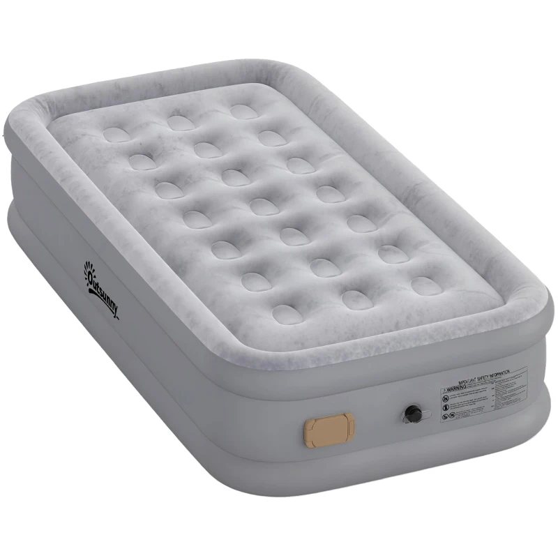 Outsunny Materasso Gonfiabile Singolo con Superficie Floccata, Pompa di Gonfiaggio e Borsa di Trasporto, Grigio