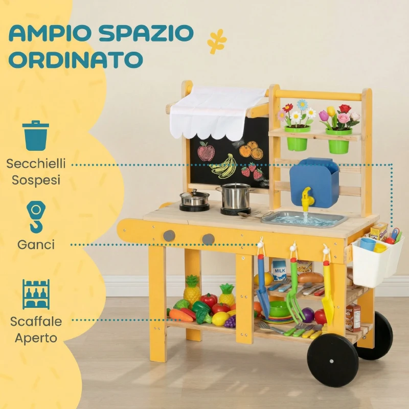 AIYAPLAY Cucina Giocattolo in Legno per Bambini con 15 Accessori, da Interno ed Esterno, Giallo
