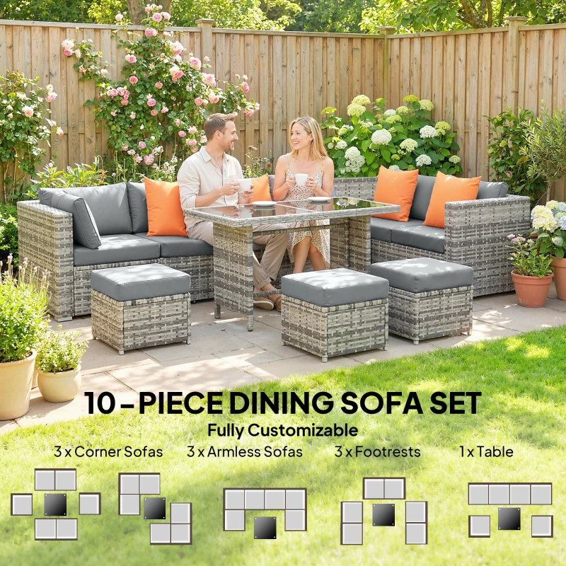 Outsunny 10 Piece Rattan Garden Furniture Set, 3 Corner Sofas with 3 Chairs, 3 Stools and Coffee Table, Outdoor Patio Furniture