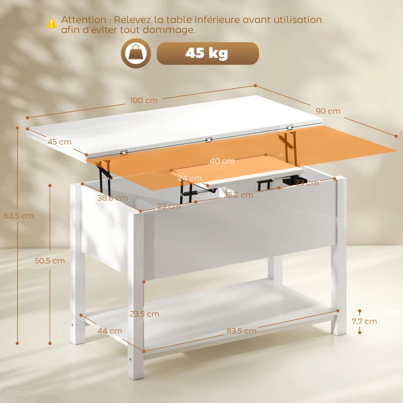 HOMCOM Table basse relevable et extensible table de salon avec compartiment caché étagère ouverte 100x45x50,5cm blanc(m-3)