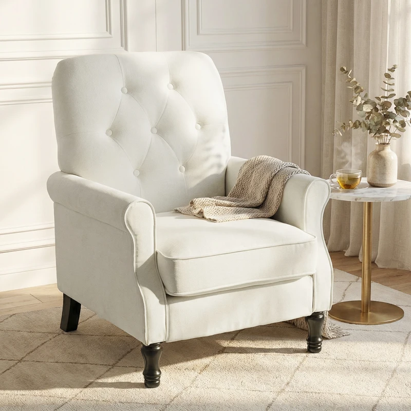 HOMCOM Fauteuil de salon, canapé 1 place avec assise rembourrée épaisse, coussin à ressorts, tissu en lin, 69x75x90cm, crème