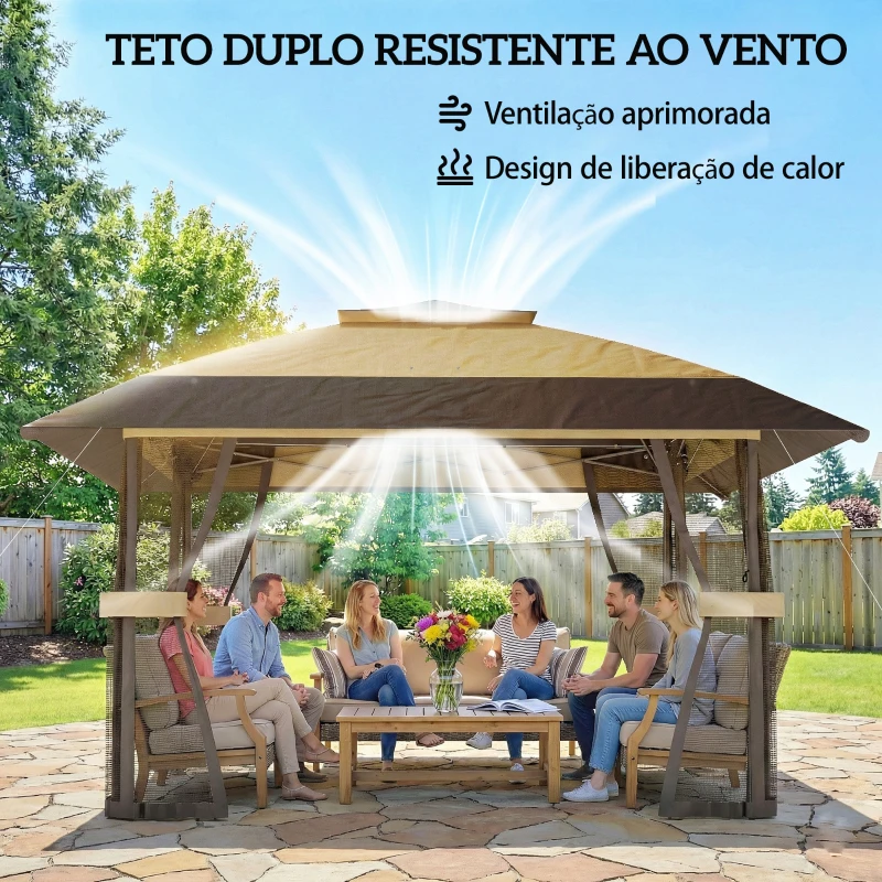 Outsunny Tenda Dobrável 4x4 m Pop-up com Telhado Duplo, 4 Laterais em Rede, Altura Regulável, Bolsa de Transporte, UPF30+, Caqui