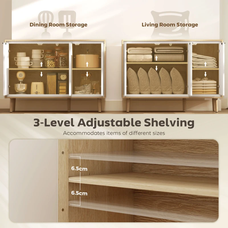 HOMCOM Bufet Modern cu 3 Uși și Raft Reglabil, 107x35x77 cm, Alb Lucios și Stejar