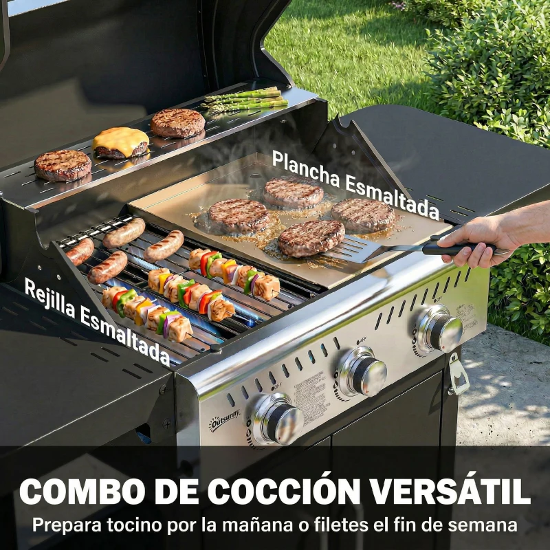 Outsunny Barbacoa de Gas con 3 Quemadores 7,5 kW Termómetro Parrilla Plancha Mesas Laterales Armario Ruedas 125x57x110 cm Negro